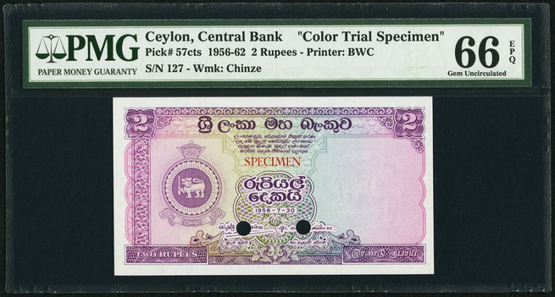 Ceylon Central Bank of Ceylon 2 Rupees 30.7.1956 Pick 57cts Color Trial Specimen...