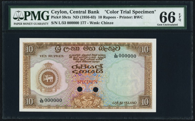 Ceylon Central Bank of Ceylon 10 Rupees ND (1956-63) Pick 59cts Color Trial Spec...