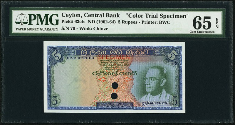 Ceylon Central Bank of Ceylon 5 Rupees ND (1962-64) Pick 63cts Color Trial Speci...