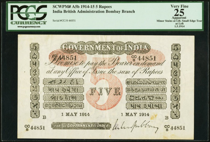 India Government of India 5 Rupees Bombay 1.5.1914 Pick A5b Jhunjhunwalla-Razack...