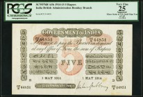 India Government of India 5 Rupees Bombay 1.5.1914 Pick A5b Jhunjhunwalla-Razack 2A.1.4 B.4 PCGS Apparent Very Fine 25. The letter B for Bombay and th...