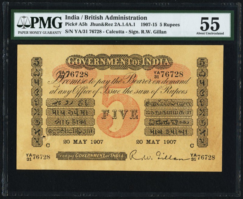 India Government of India 5 Rupees Calcutta 20.5.1907 Pick A5h Jhunjhunwalla-Raz...
