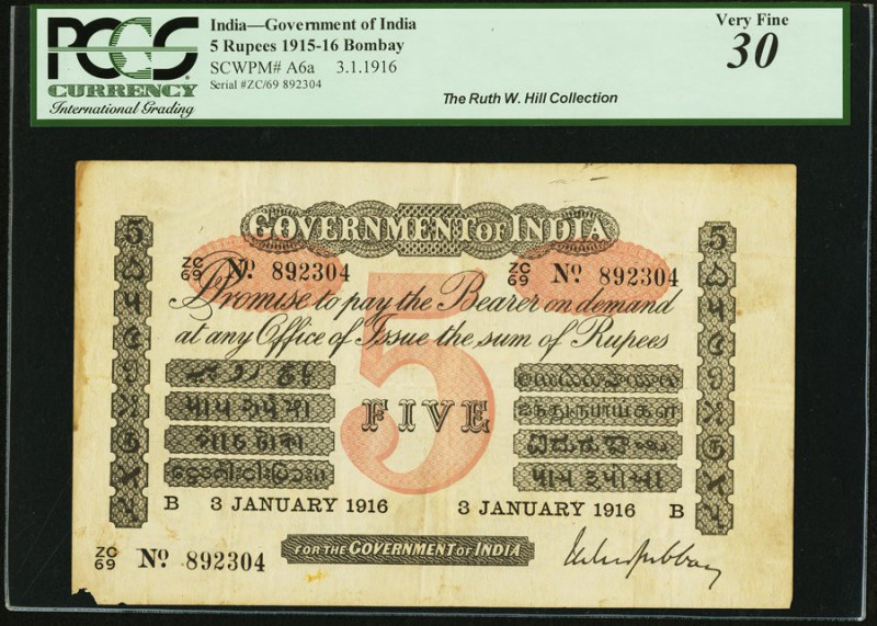 India Government of India 5 Rupees Bombay 3.1.1916 Pick A6a Jhunjhunwalla-Razack...