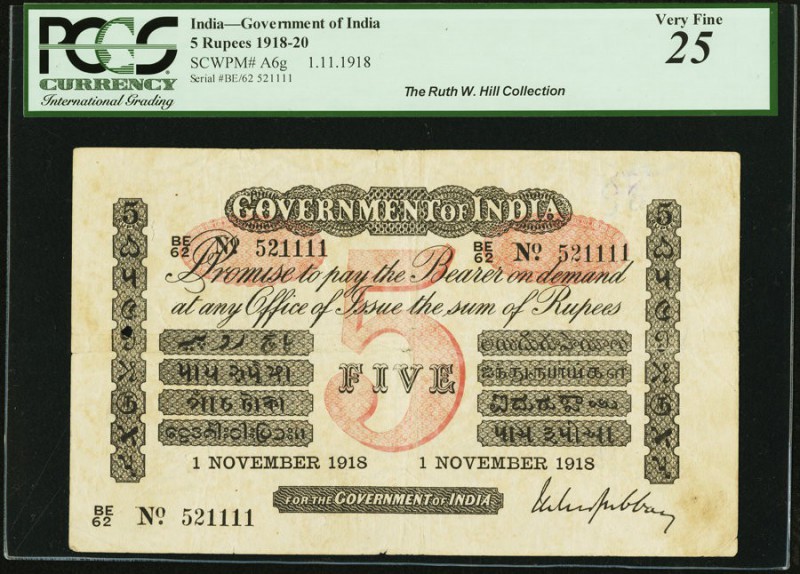 India Government of India 5 Rupees 1.11.1918 Pick A6g Jhunjhunwalla-Razack 2A.1....