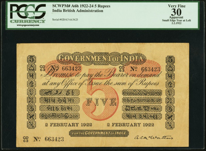 India Government of India 5 Rupees 2.2.1922 Pick A6h Jhunjhunwalla-Razack 2A.1.6...