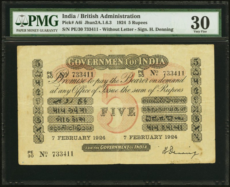India Government of India 5 Rupees 7.2.1924 Pick A6i Jhunjhunwalla-Razack 2A.1.6...