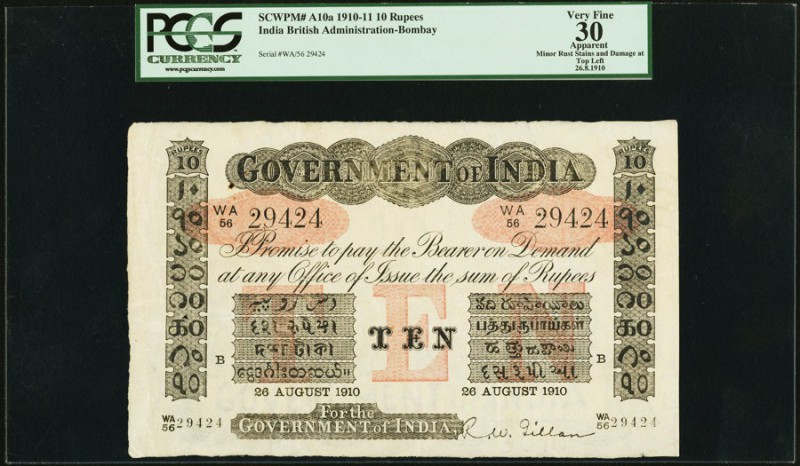India Government of India 10 Rupees Bombay 26.8.1910 Pick A10a Jhunjhunwalla-Raz...