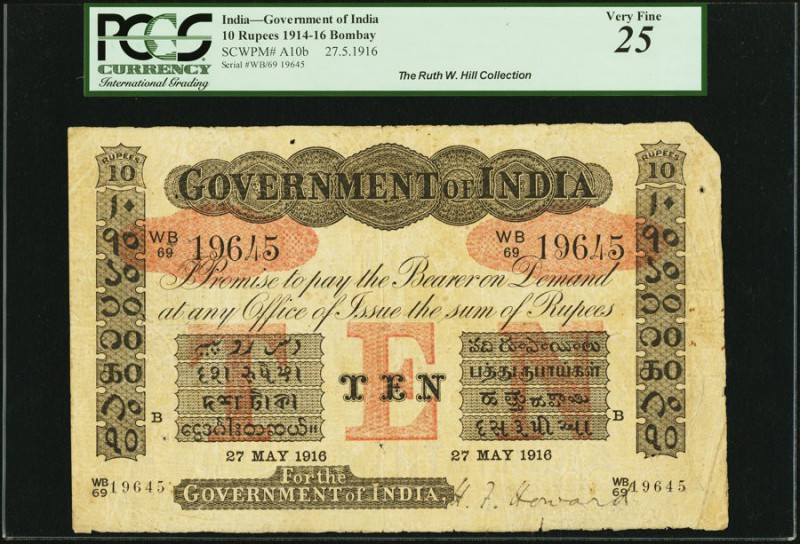India Government of India 10 Rupees Bombay 27.5.1916 Pick A10b Jhunjhunwalla-Raz...