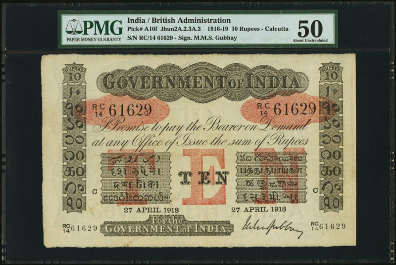 India Government of India 10 Rupees Calcutta 27.4.1918 Pick A10f Jhunjhunwalla-R...