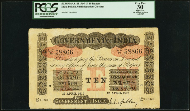 India Government of India 10 Rupees Calcutta 12.4.1917 Pick A10f Jhunjhunwalla-R...