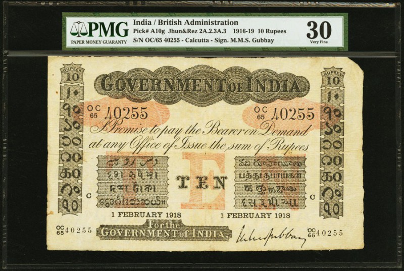 India Government of India 10 Rupees Calcutta 1.2.1918 Pick A10g Jhunjhunwalla-Ra...