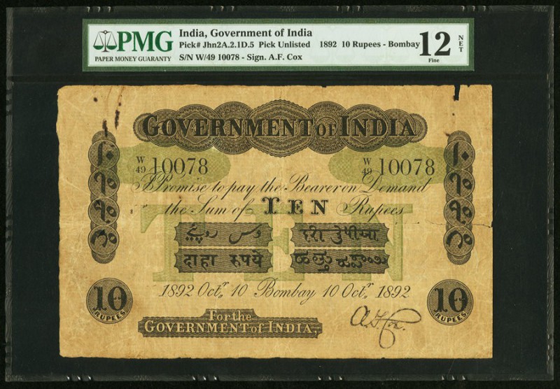 India Government of India 10 Rupees Bombay 10.10.1892 Pick UNL Jhunjhunwalla-Raz...