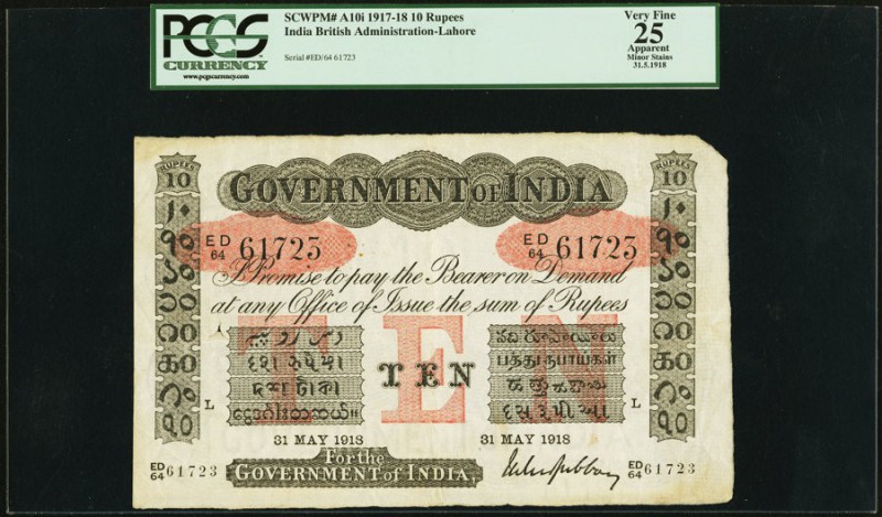 India Government of India 10 Rupees Lahore 31.5.1918 Pick A10i Jhunjhunwalla-Raz...