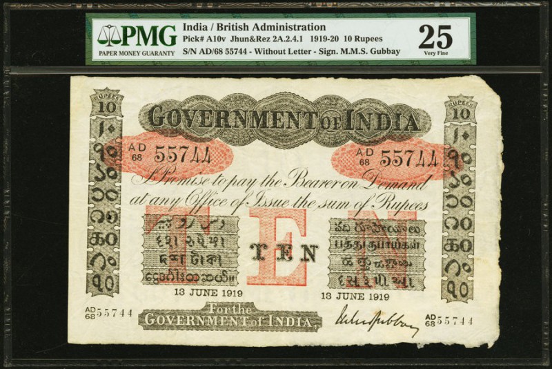 India Government of India 10 Rupees 13.6.1919 Pick A10v Jhunjhunwalla-Razack 2A....