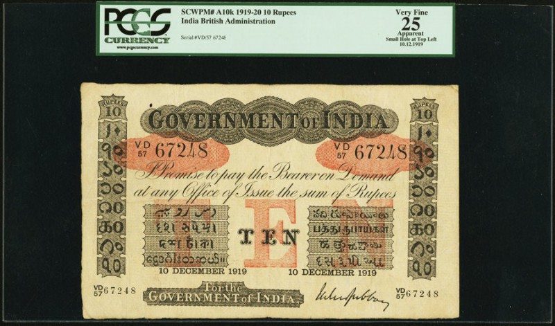 India Government of India 10 Rupees 10.12.1919 Pick A10v Jhunjhunwalla-Razack 2A...