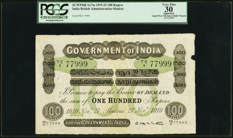 India Government of India 100 Rupees Madras 27.11.1919 Pick A17ab Jhunjhunwalla-...