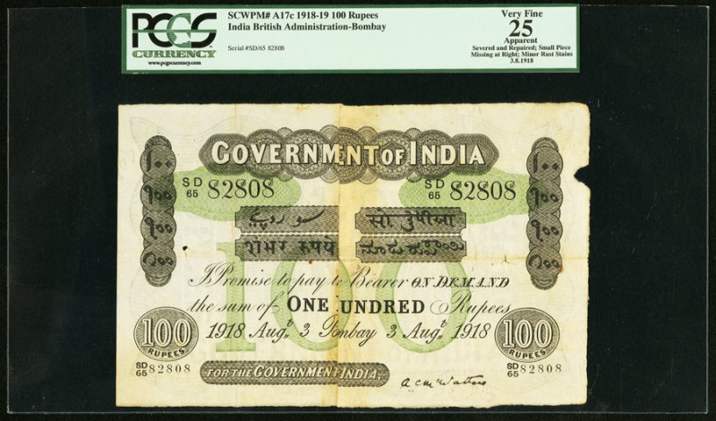India Government of India 100 Rupees Bombay 3.8.1918 Pick A17c Jhunjhunwalla-Raz...