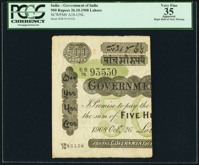 India Government of India 500 Rupees Lahore 26.10.1908 Pick UNL Jhunjhunwalla-Ra...
