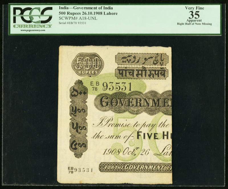 India Government of India 500 Rupees 26.10.1908 Lahore Pick UNL Jhunjhunwalla-Ra...
