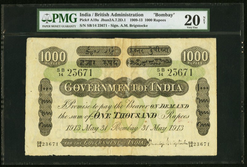India Government of India, Bombay 1000 Rupees Bombay 31.5.1913 Pick A19a Jhunjhu...