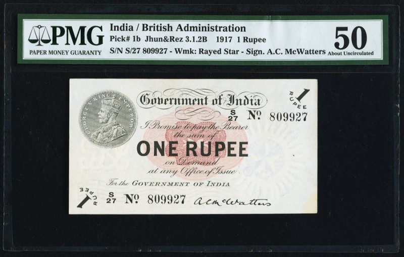 India Government of India 1 Rupee 1917 Pick 1b Jhunjhunwalla-Razack 3.1.2B PMG A...