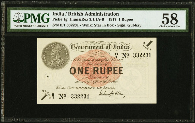 India Government of India 1 Rupee 1917 Pick 1g Jhunjhunwalla-Razack 3.1.1A-B PMG...