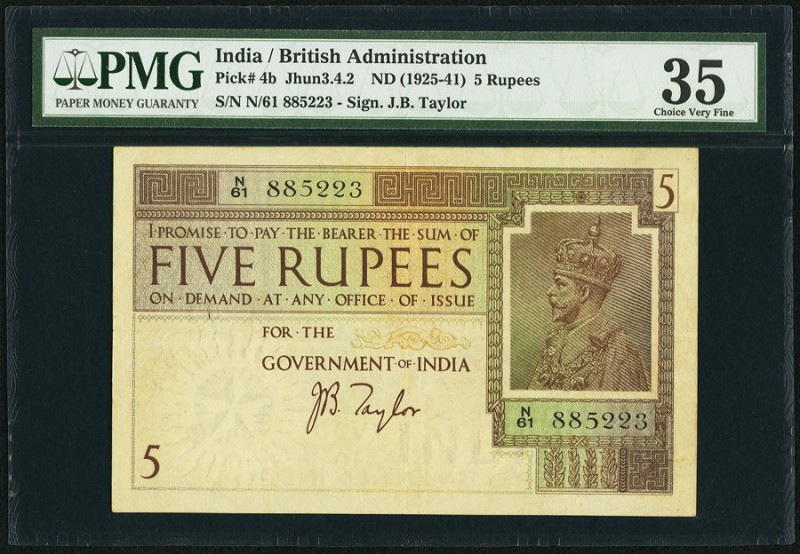 India Government of India 5 Rupees ND (1925-41) Pick 4b Jhunjhunwalla-Razack 3.4...