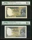 India Reserve Bank of India 10 Rupees ND (1937-43) Pick 19a; 19b Jhunjhunwalla-Razack 4.5.1; 4.5.2 PMG Choice Uncirculated 64 (2). A nice top tear gra...