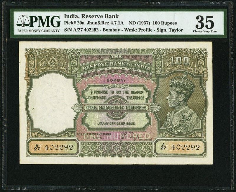 India Reserve Bank of India Bombay 100 Rupees ND (1937) Pick 20a Jhunjhunwalla-R...