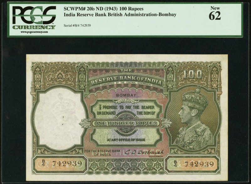 India Reserve Bank of India 100 Rupees ND (1943) Pick 20b Jhunjhunwalla-Razack 4...