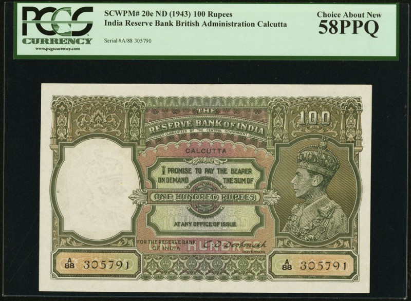 India Reserve Bank of India 100 Rupees ND (ca. 1943) Pick 20e Jhunjhunwalla-Raza...