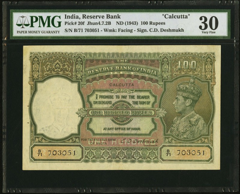 India Reserve Bank of India 100 Rupees Calcutta ND (1943) Pick 20f Jhunjhunwalla...