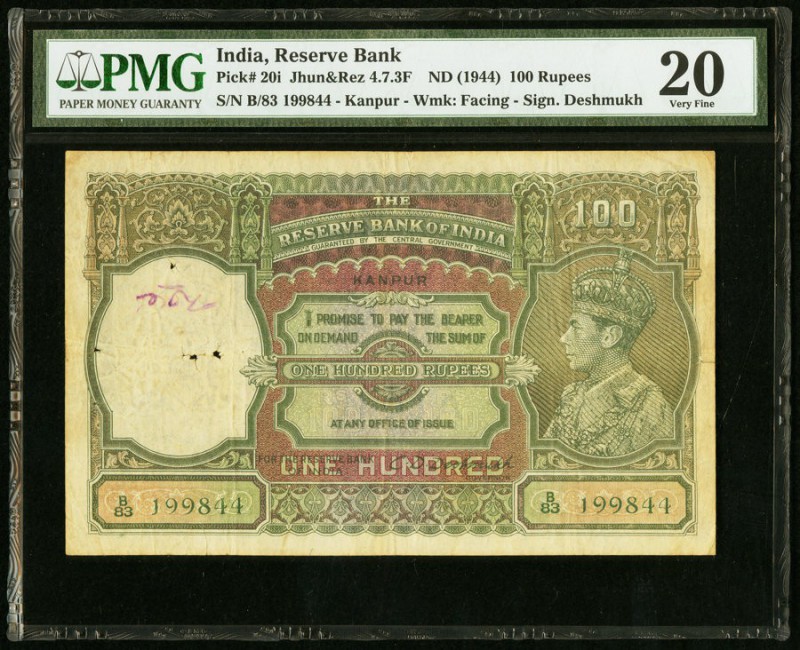 India Reserve Bank of India 100 Rupees ND (1944) Pick 20i Jhunjhunwalla-Razack 4...