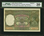 India Reserve Bank of India 100 Rupees ND (1937) Pick 20n Jhunjhunwalla-Razack 4.7.1F PMG Very Fine 30. A prefix A5 100 Rupees with the "Madras" overp...