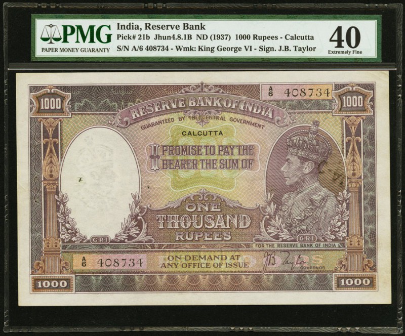 India Reserve Bank of India, Calcutta 1000 Rupees ND (1937) Pick 21b Jhunjhunwal...