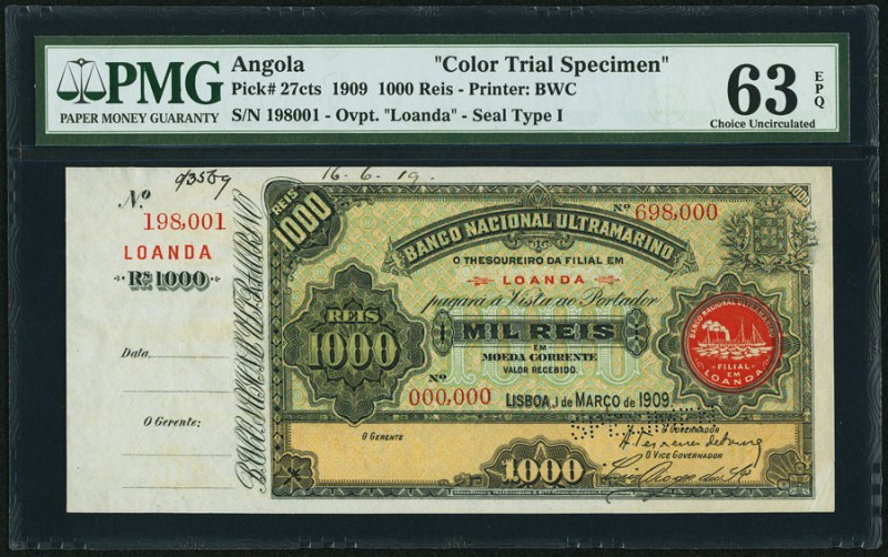 Angola Banco Nacional Ultramarino 1000 Reis 1.3.1909 Pick 27cts Color Trial Spec...