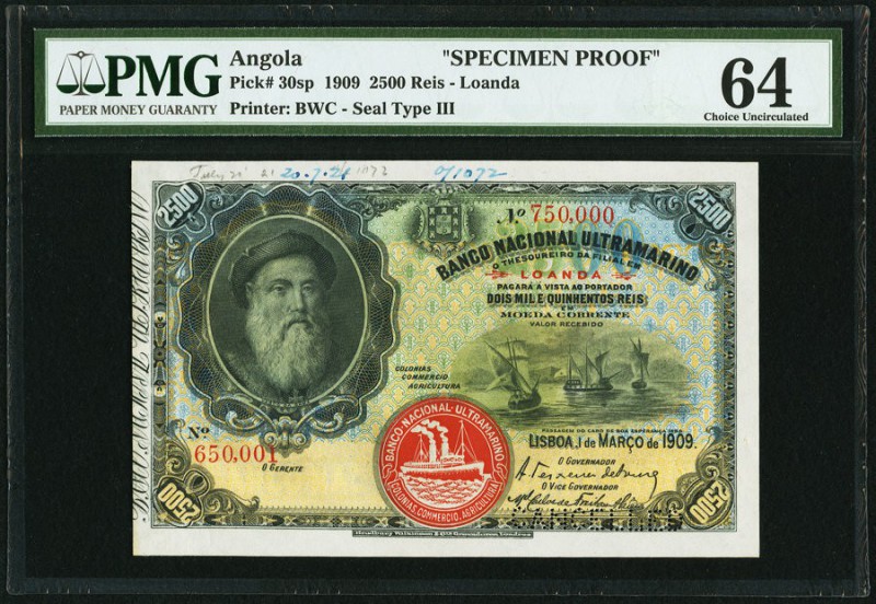 Angola Banco Nacional Ultramarino 2500 Reis 1909 Pick 30sp Specimen Proof PMG Ch...