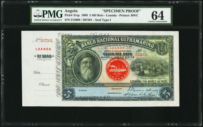 Angola Banco Nacional Ultramarino 5 Mil Reis 1.3.1909 Pick 31sp Specimen Proof P...