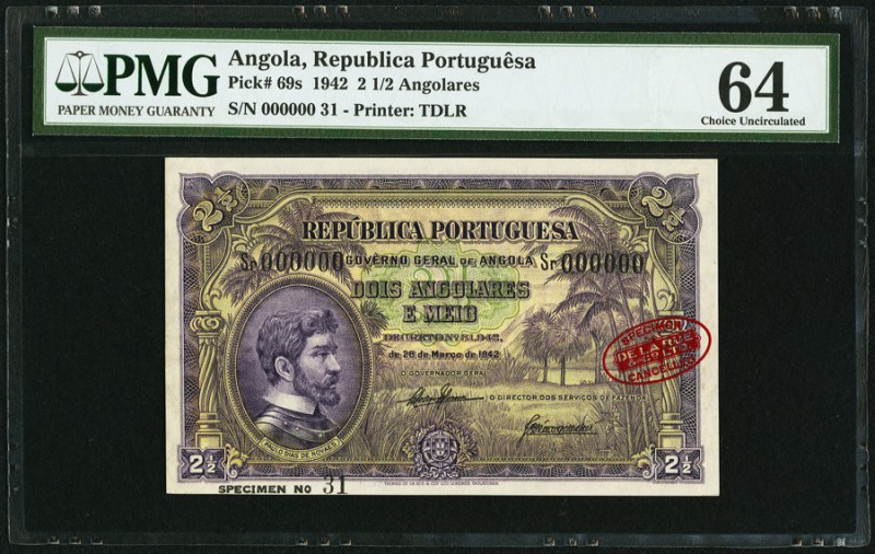 Angola Republica Portuguesa 2 1/2 Angolares 1942 Pick 69s Specimen PMG Choice Un...