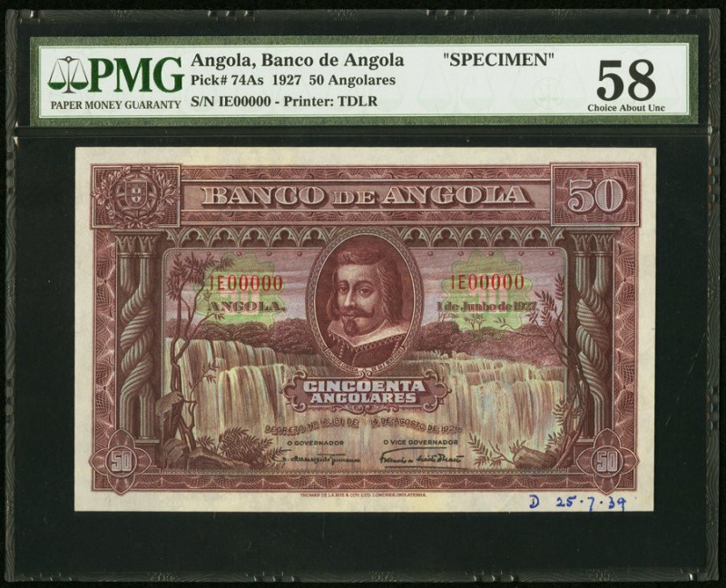 Angola Banco De Angola 50 Angolares 1.6.1927 Pick 74As Specimen PMG Choice About...