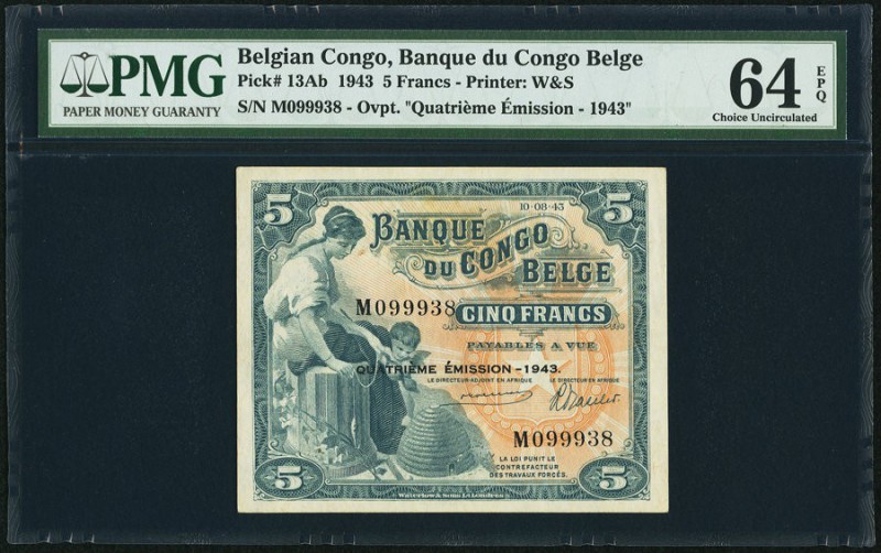 Belgian Congo Banque du Congo Belge 5 Francs 1943 Pick 13Ab PMG Choice Uncircula...