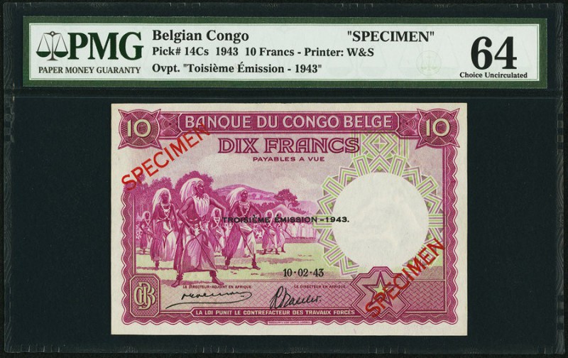 Belgian Congo Banque du Congo Belge 10 Francs 10.02.43 Pick 14Cs Specimen PMG Ch...