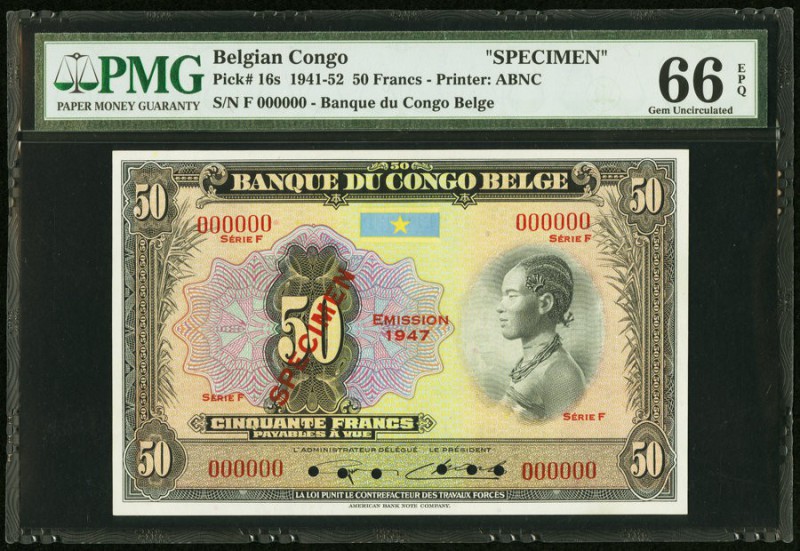 Belgian Congo Banque du Congo Belge 50 Francs 1947 Pick 16s Specimen PMG Gem Unc...