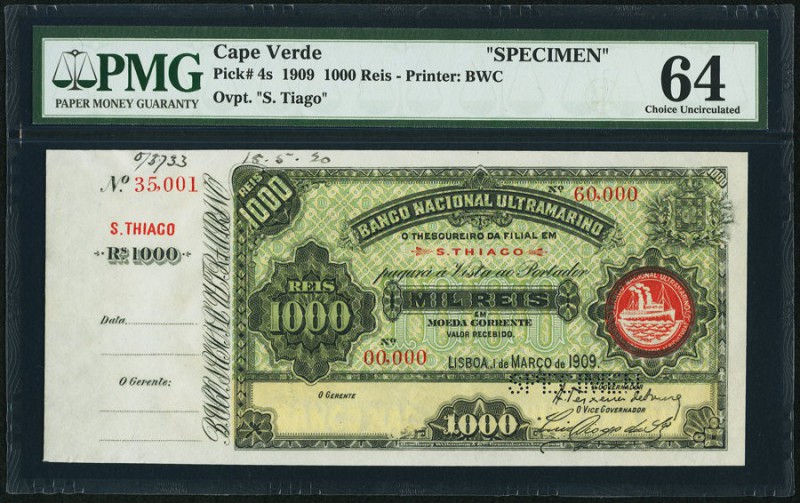 Cape Verde Banco Nacional Ultramarino 1000 Reis 1.3.1909 Pick 4s Specimen PMG Ch...