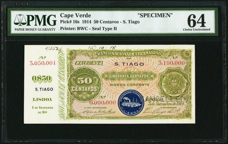 Cape Verde Banco Nacional Ultramarino 50 Centavos 5.11.1914 Pick 16s Specimen PM...