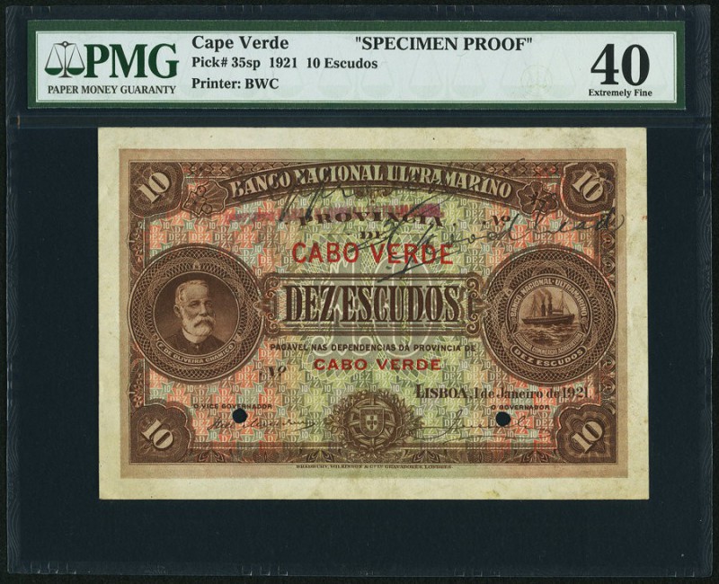 Cape Verde Banco Nacional Ultramarino 10 Escudos 1.1.1921 Pick 35sp Specimen Pro...