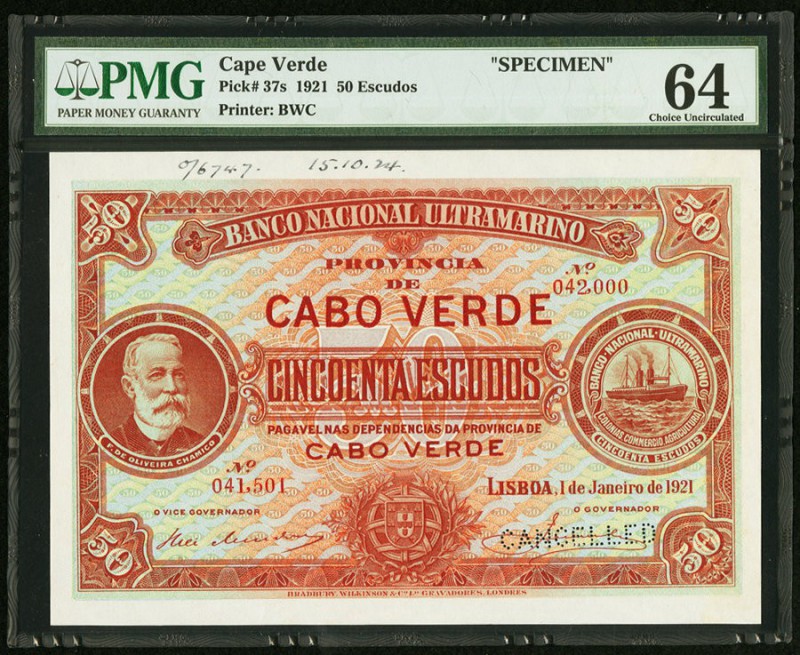 Cape Verde Banco Nacional Ultramarino 50 Escudos 1.1.1921 Pick 37s Specimen PMG ...