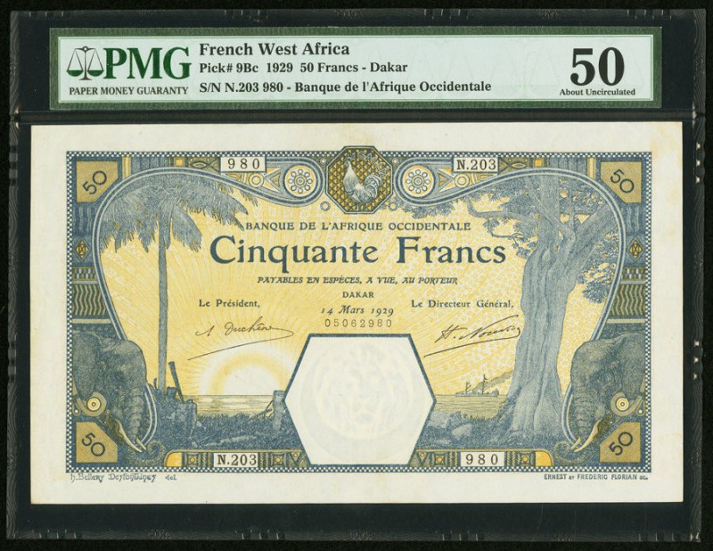 French West Africa Banque de l'Afrique Occidentale 50 Francs 14.3.1929 Pick 9Bc ...