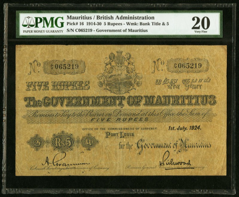 Mauritius Government of Mauritius 5 Rupees 1.7.1924 Pick 16 PMG Very Fine 20. Th...