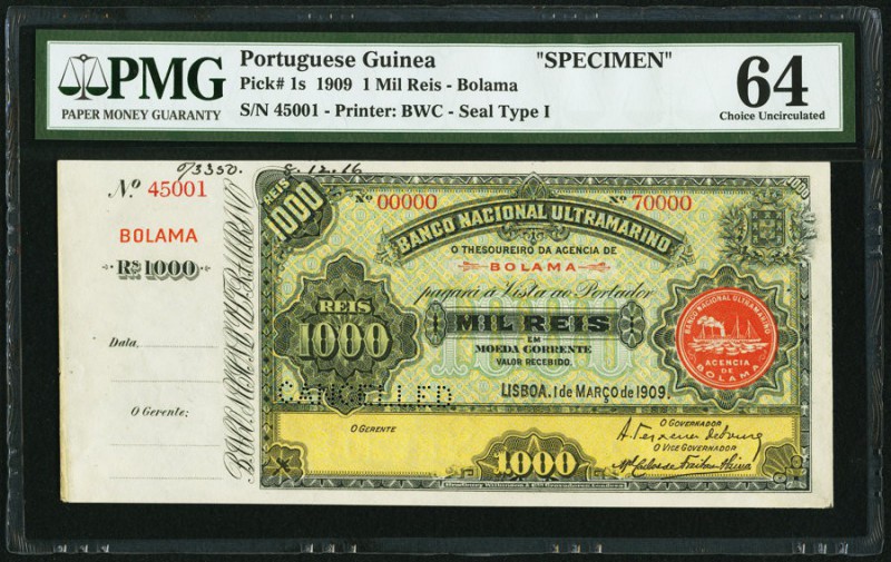 Portuguese Guinea Banco Nacional Ultramarino 1 Mil Reis 1.3.1909 Pick 1s Specime...